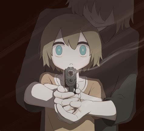 Safebooru 2boys C Absurdres Aiming At Viewer Avogado6 Black Background Black Shirt Blue Eyes