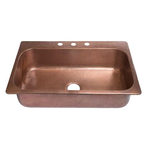 Sinkology Angelico Drop In Handmade Pure Copper 33 In 3 Hole Single Bowl Kitchen Sink In