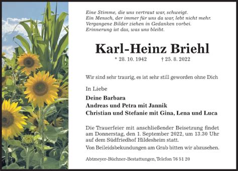 Traueranzeigen Von Karl Heinz Briehl Trauerportal Hildesheimer