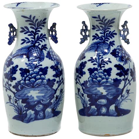 Pair Of Th Century Chinese Blue And White Porcelain Cap Jars Circa