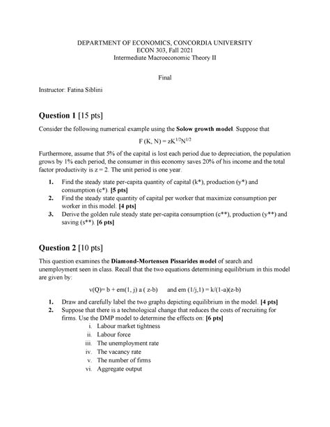 Final Intermediate Macroeconomic Theory Ii Fall Department Of