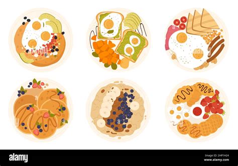 Breakfast Food On Plate Set Top View Vector Illustration Cartoon