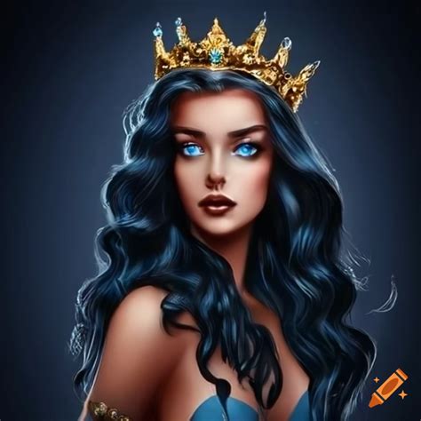 Portrait Of A Goddess With Flowing Black Wavy Hair And Crown