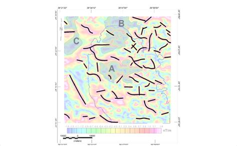 Tilt Derivative Map Dimmed Color Deduced From Magnetic Data A B