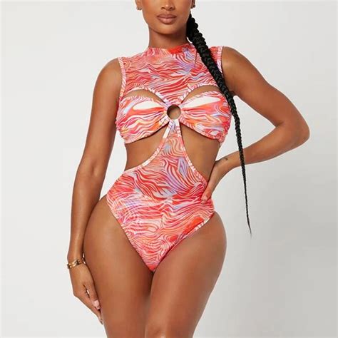 Amidoa Swimsuit For Women 2024 Modern Cutout Retro Print Monokini