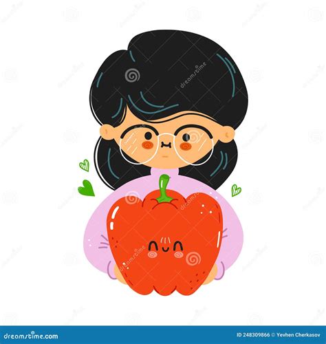 Young Cute Funny Girl Hold Red Pepper In Hand Girl Hugs Cute Red