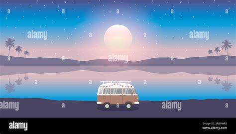 Tropical Camping Adventure Summer Holiday With Camper Van Stock Vector