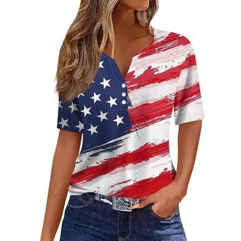 Kddylitq Henley V Neck Independence Day T Shirts For Women Henley Th