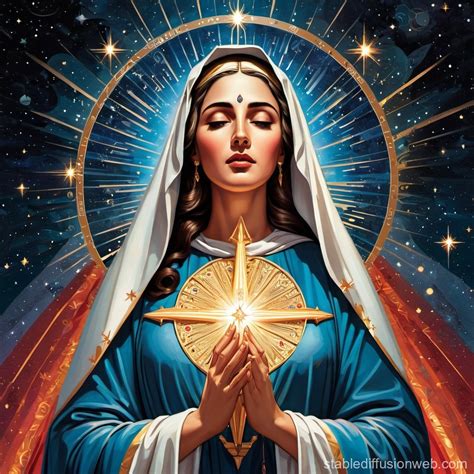 Virgin Mary Floating In Cosmos With Halo Stable Diffusion Online