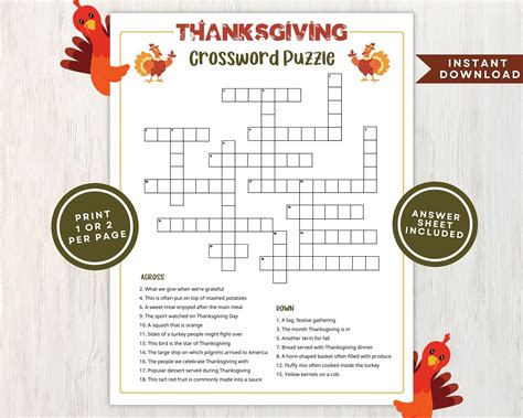 Printable Thanksgiving Crossword Puzzle for Kids and Adults, Crossword Game for Thanksgiving ...