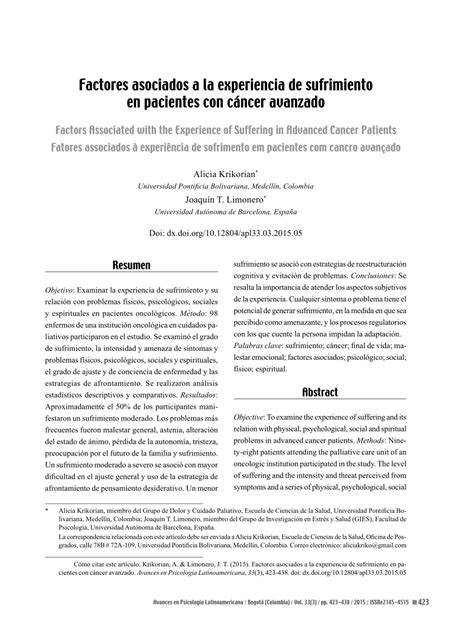 Pdf Factores Asociados A La Experiencia De Sufrimiento En Pacientes