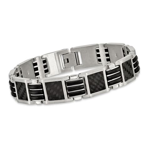 Men S Stainless Steel Bracelet With Black Carbon Fiber And Rubber Inlay