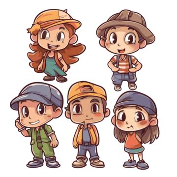 Character Group Of 5 Children With Hats Vector, They, Sticker, Cartoon PNG and Vector with ...