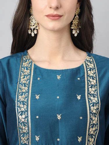 Janasya Women S Teal Chinon Solid Kurta With Pant And Dupatta At Rs