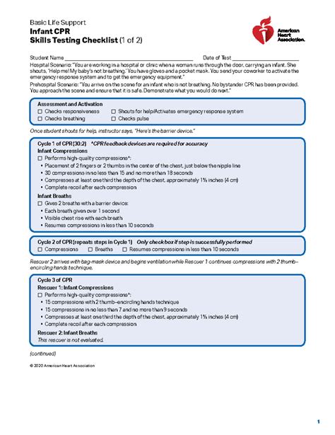 Bls Infant Skills Testing Checklist W Descriptors Basic Life