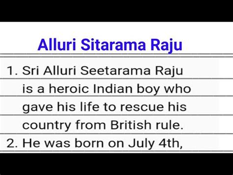 10 Lines On Alluri Sitarama Raju 10 Line Essay On Alluri Sitarama