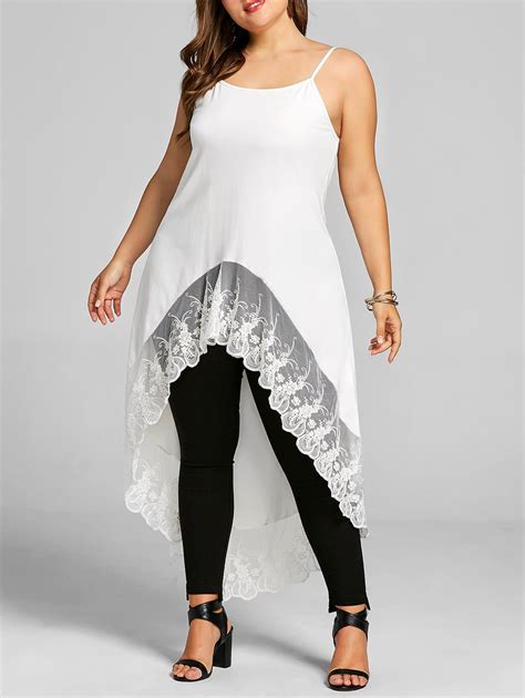 Plus Size Lace Trim High Low Tank Top White 3xl