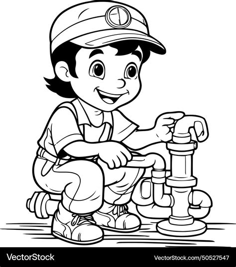 Black and white cartoon of kid boy plumber Vector Image