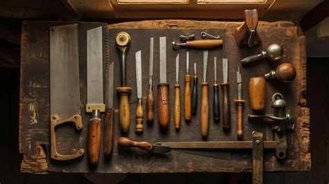 Collection Of Vintage Woodworking Tools On A Rough Workbench Premium