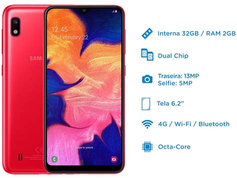 Smartphone Samsung Galaxy A10 32gb Vermelho 4g 2gb Ram 62” Câm 13mp Câm Selfie 5mp