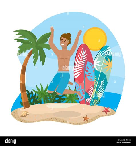 Man Wearing Bathing Shorts With Surfboards And Palm Tree To Summer Time