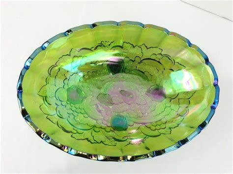 Indiana Glass Co Green Carnival Glass Footed Oval Fruit Bowl Etsy