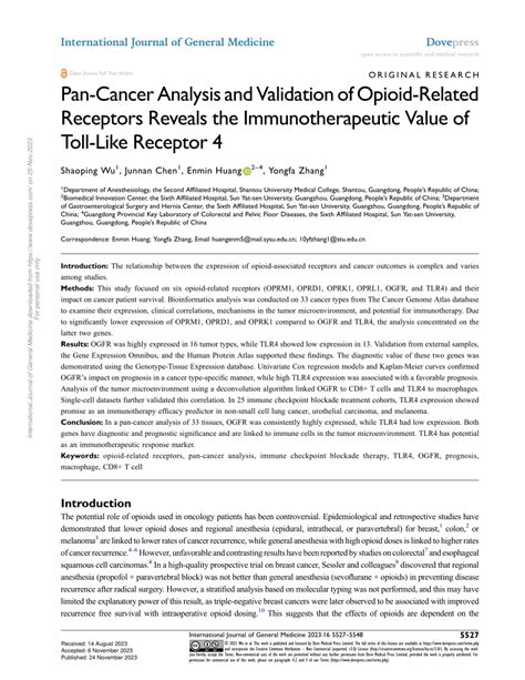 Pdf Pan Cancer Analysis And Validation Of Opioid Related Receptors