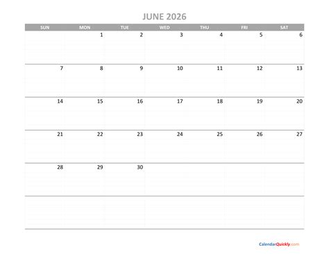 june printable calendar 2026