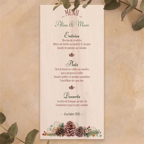 Menu De Mariage Sur Bois Fleurs De Montagne Gypsophile Et Pomme De Pin