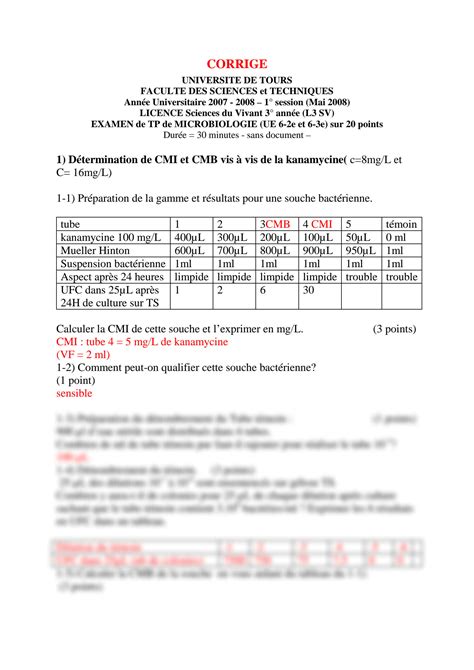 Solution Exa Corrig De Tp Microbiologie Cours Examens Org