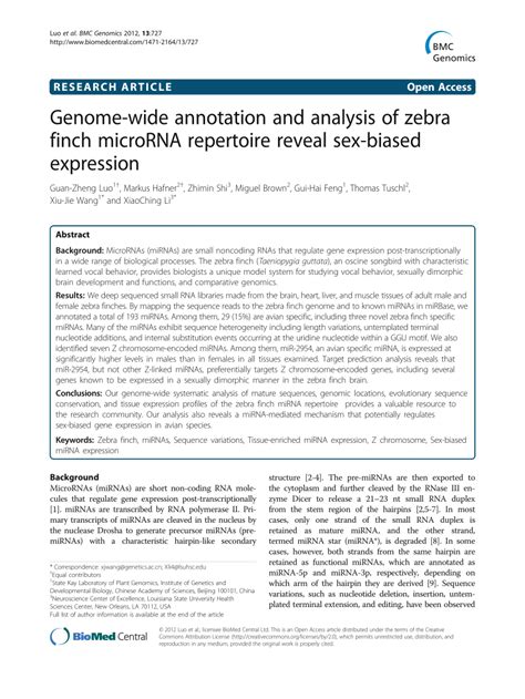 Pdf Genome Wide Annotation And Analysis Of Zebra Finch Microrna