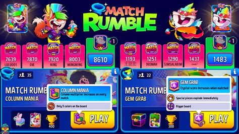 35 Players Column Mania 5 Colors Match Rumble 22 Players Grab Gem