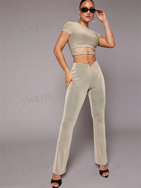 SHEIN Haute Conjunto de Duas Peças Top e Calça de Malha O Ring