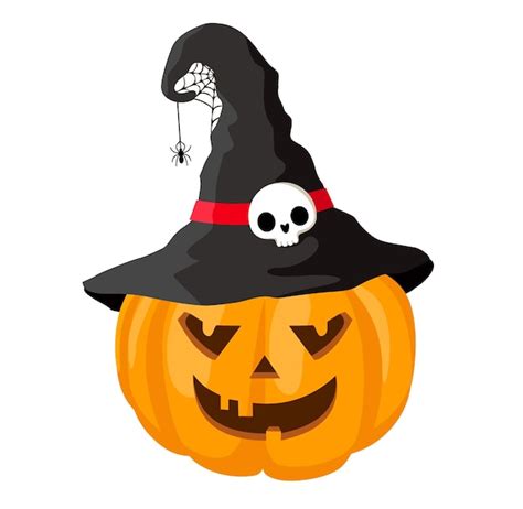 Premium Vector Scary Cartoon Halloween Pumpkin Wearing A Witch Hat With Cobweb And Spider