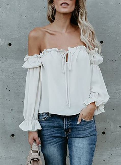 Fashion Off Shoulder Long Sleeve Ruffle Chiffon Blouse Stylesimo