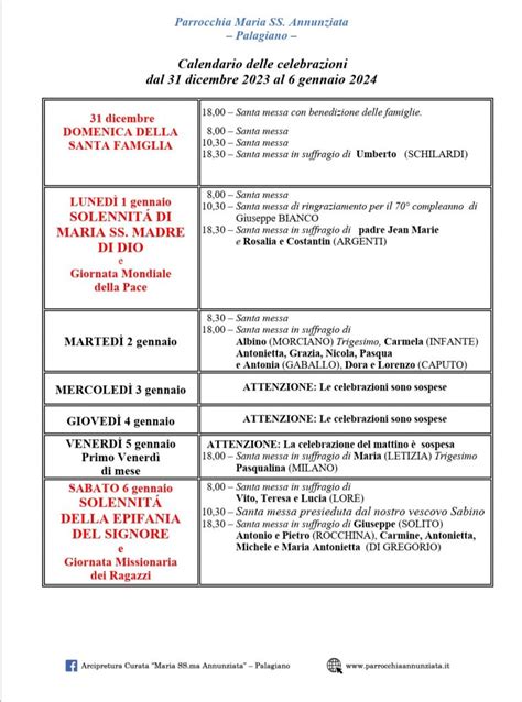 Calendario Delle Celebrazioni Dal 31 Dicembre 2023 Al 6 Gennaio 2024