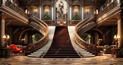 Premium AI Image | A hotel lobby with stairway and huge staircase