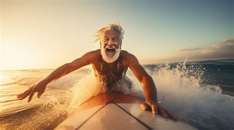 Premium Photo Happy Fit Senior Having Fun Surfing At Sunset Time