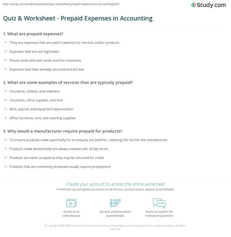 Quiz Worksheet Prepaid Expenses In Accounting Study