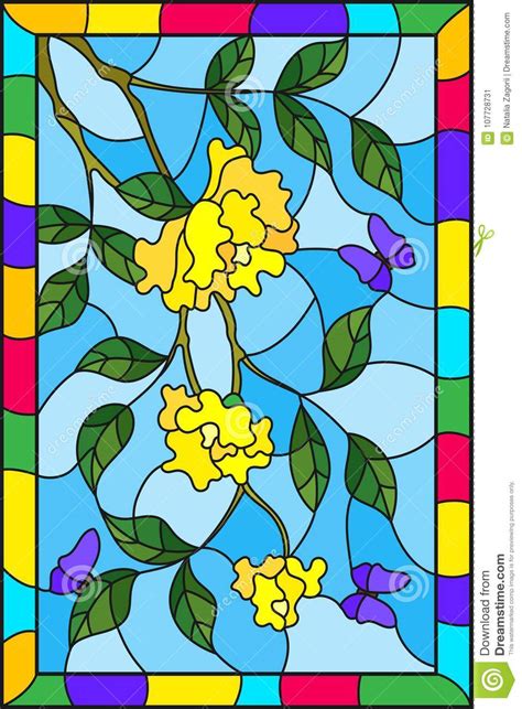 Stained Glass Illustration With Flowers Leaves Of Yellow Rose And Purple Butterflies On The