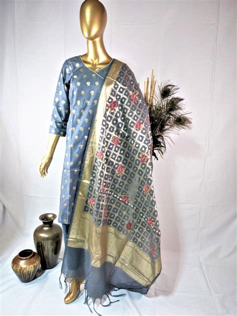 Gray Chanderi Silk Pcs Banarasi Suit Traditional Essence