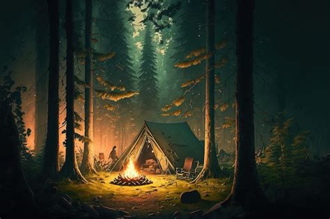 Premium Photo Camping At Night In The Forest With Camp Fire