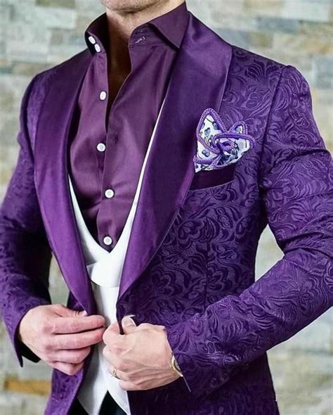 Item 5005 Mens Three Piece Purple Jacquard With White Vest Tuxedo In