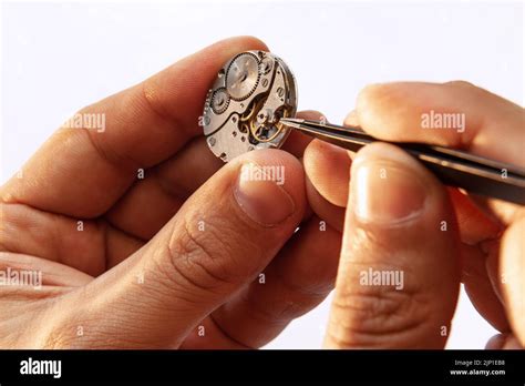 Closeup Watchmaker S Hands Repairing Mechanical Watches Isolated Over