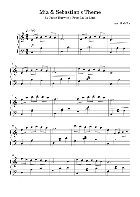 Mia Sebastian S Theme Arr M Galka By Justin Hurwitz Sheet Music