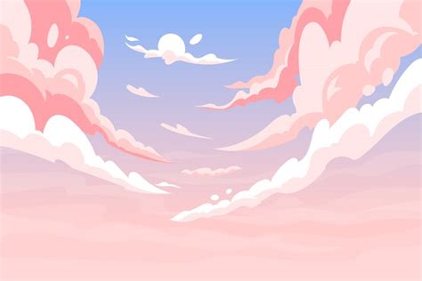 Anime sky, pink clouds landscape. Cute romantic and love hea