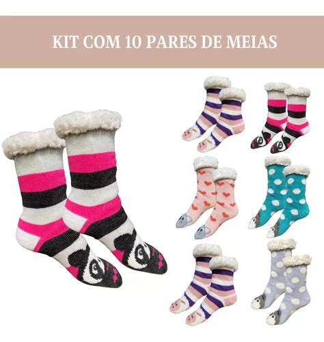 Kit 10 Meias Térmica Forrada Lã Adulto Antiderrapante Atacad