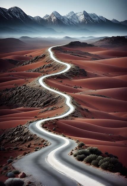 Un camino largo y sinuoso que conduce a paisajes desérticos brumosos