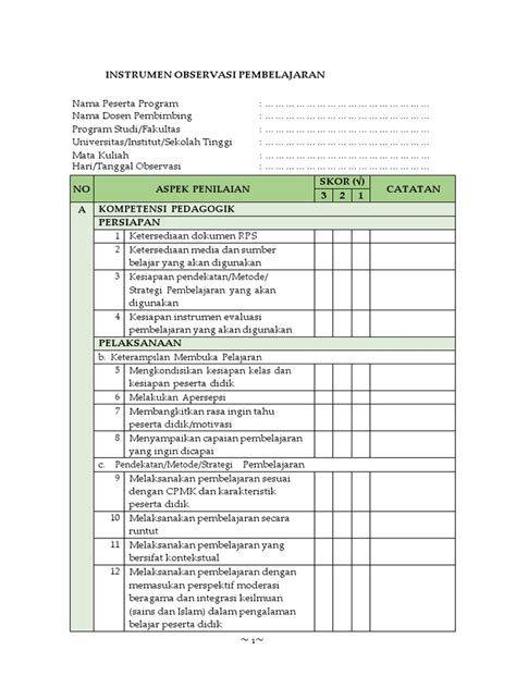 Instrumen Observasi Pembelajaran Pdf