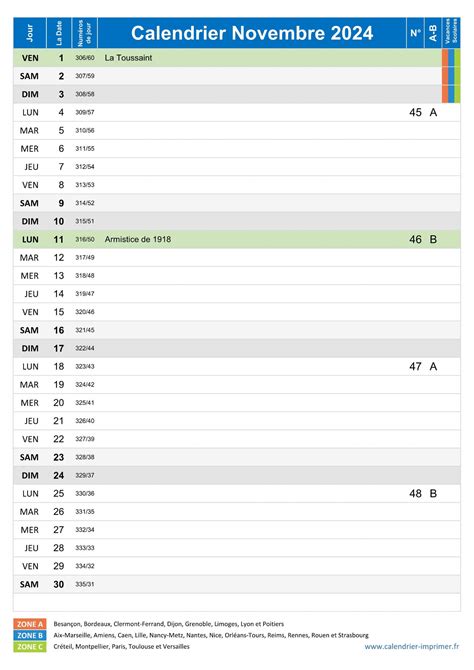 Calendrier Novembre 2024 à imprimer